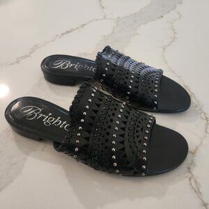 Brighton Neo Mule Sandals Black Leather Laser Cut Studded Women's 7.5M Boho VGC